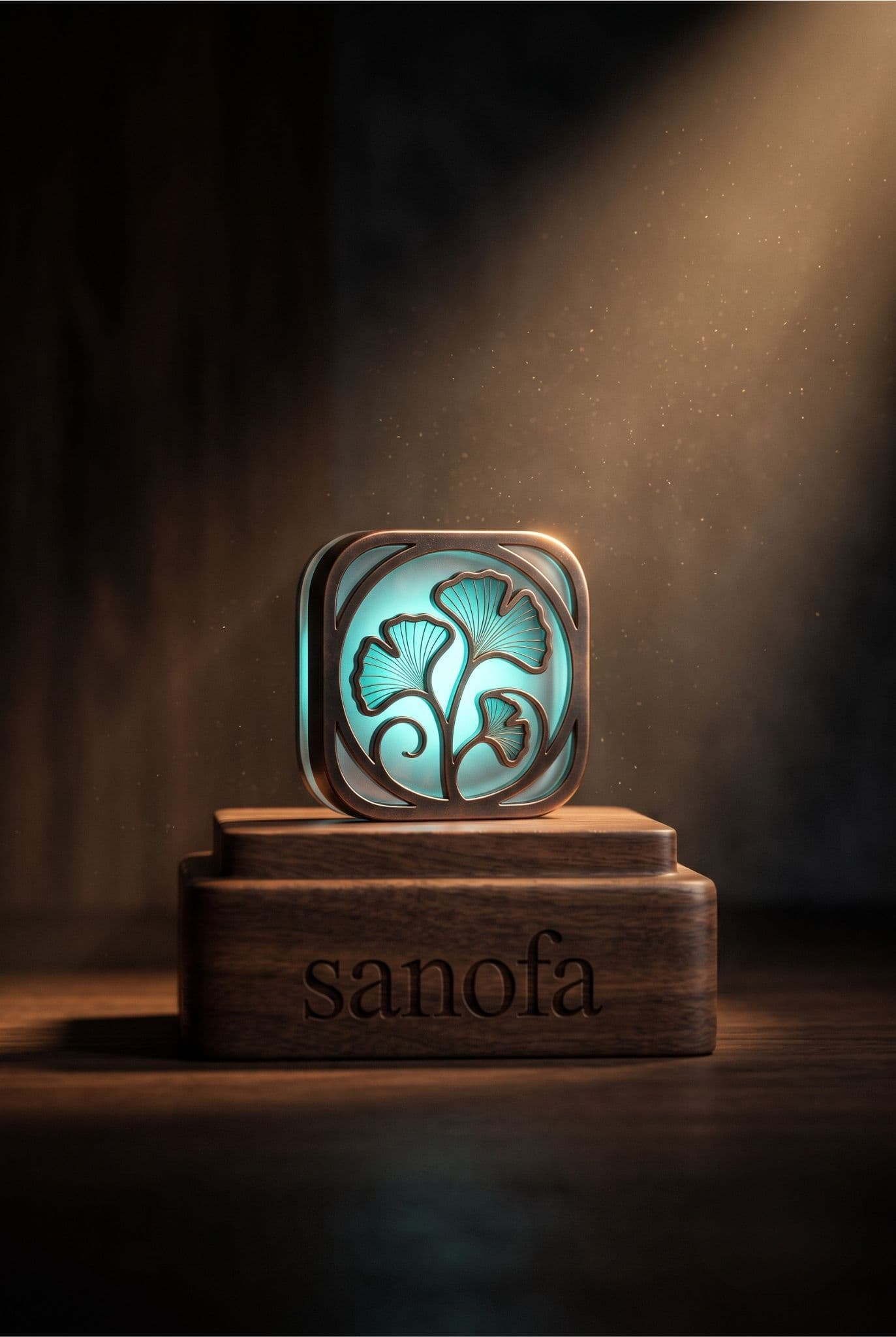 A glowing app icon resting alone on a dark wood pedestal engraved with the word sanofa, lit by a single beam