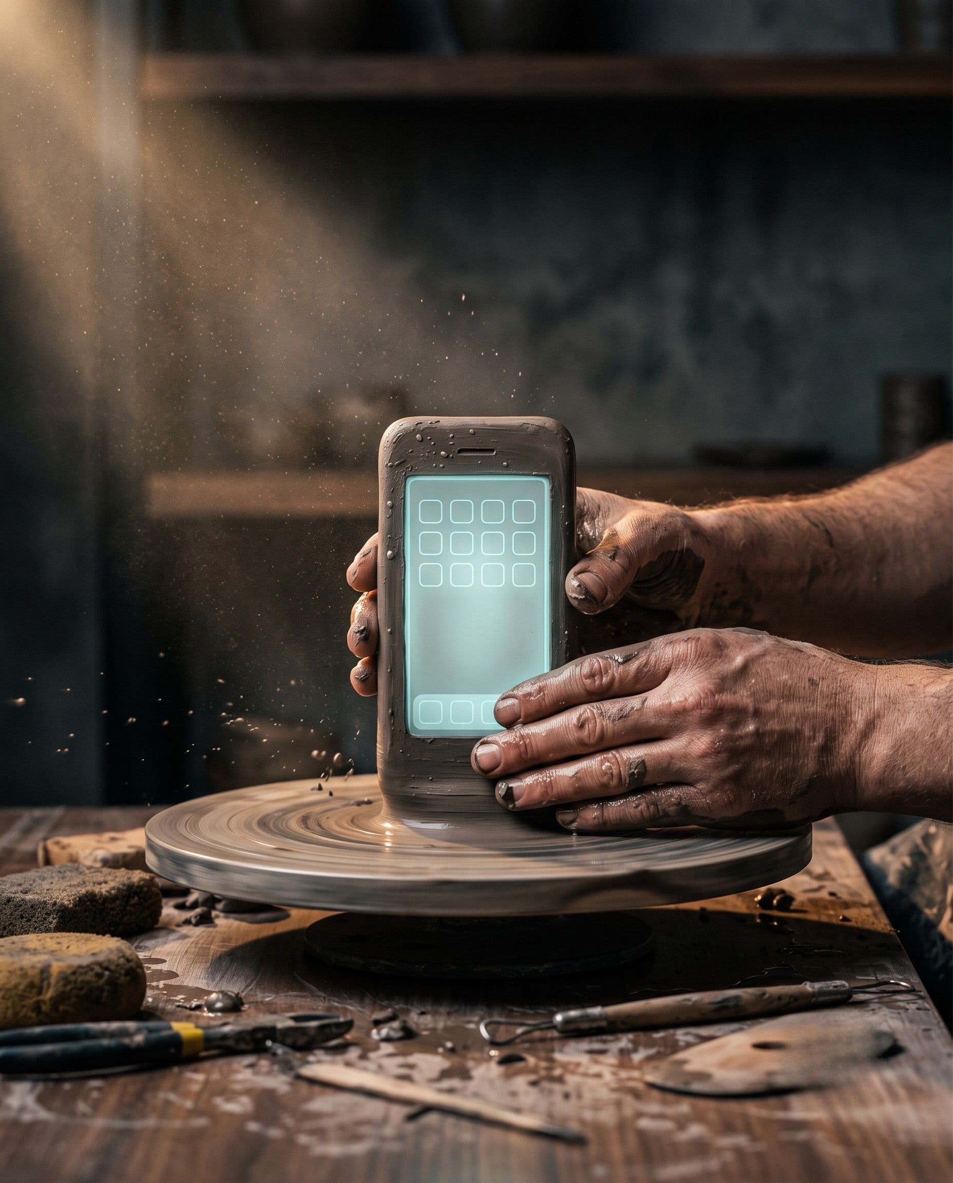 Wet clay rising on a potter's wheel into the shape of a smartphone with a faintly glowing screen