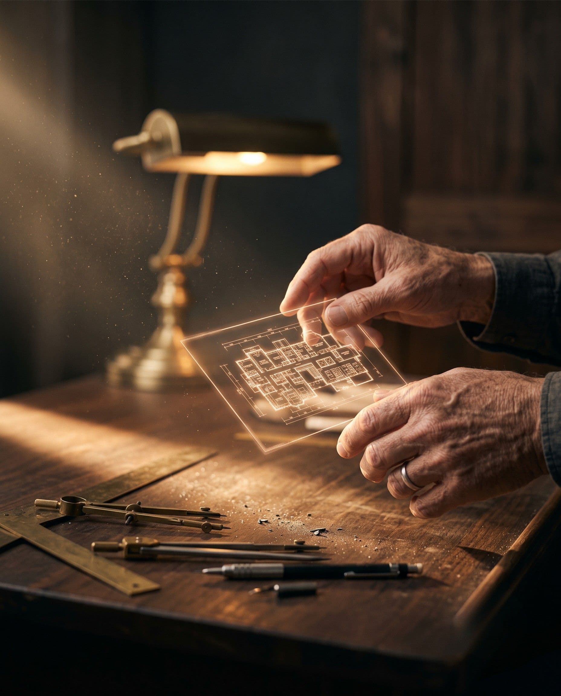 An architect's hands adjusting a glowing miniature blueprint above a drafting table with brass tools