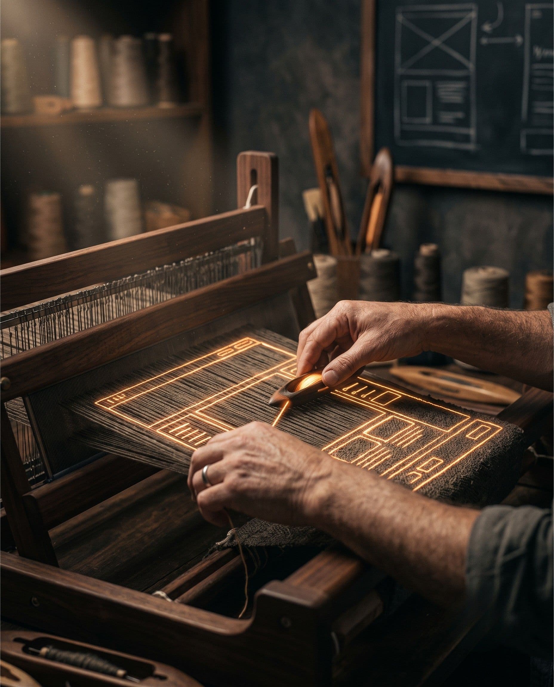 Hands weaving glowing threads of light through a dark wooden loom, forming a website grid