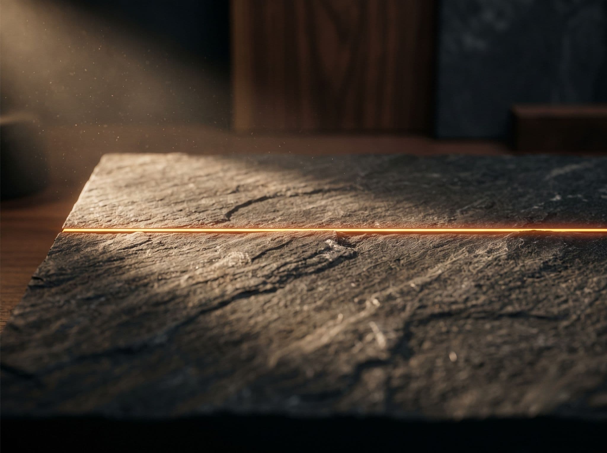 Macro study of charcoal stone crossed by a thin glowing seam