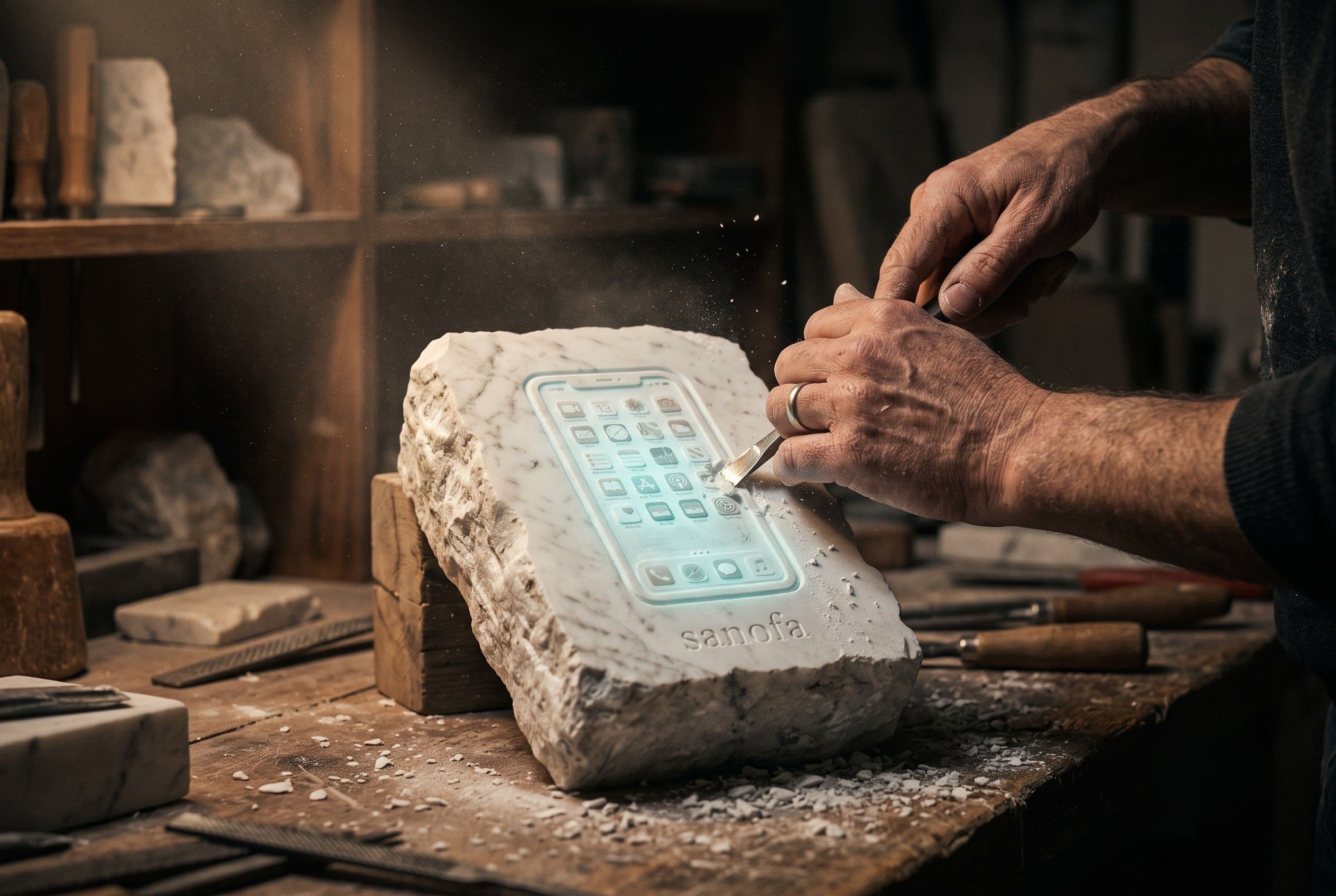 A sculptor's hands carving a smartphone interface out of raw white marble in a dim workshop