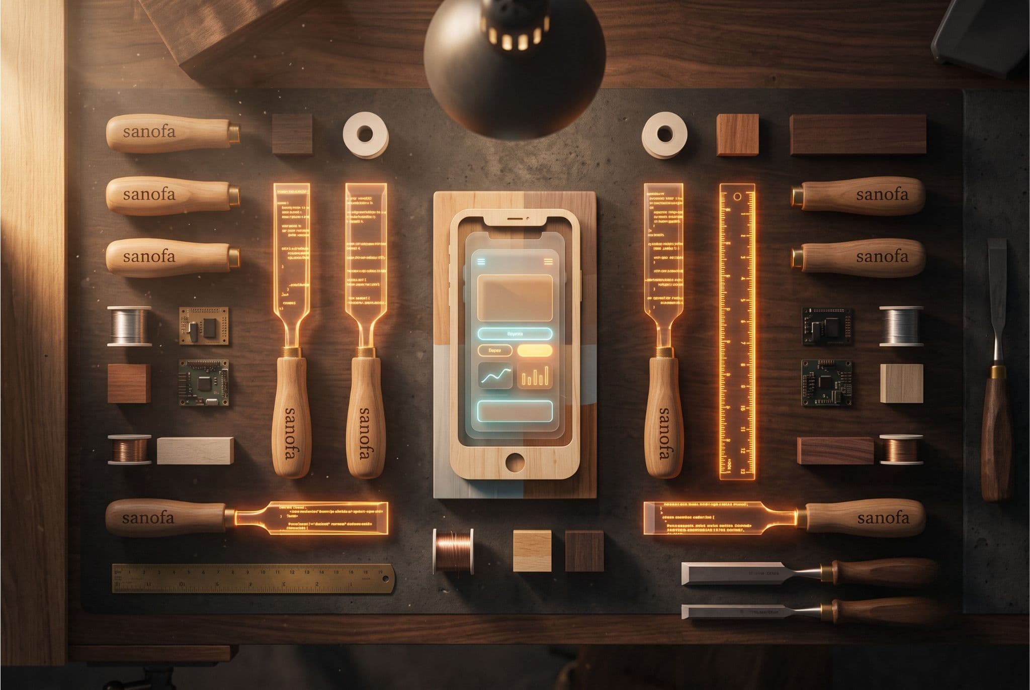 Overhead view of a workbench where the tools are glowing fragments of code engraved with the word sanofa, beside a half-finished app mockup of wood and light