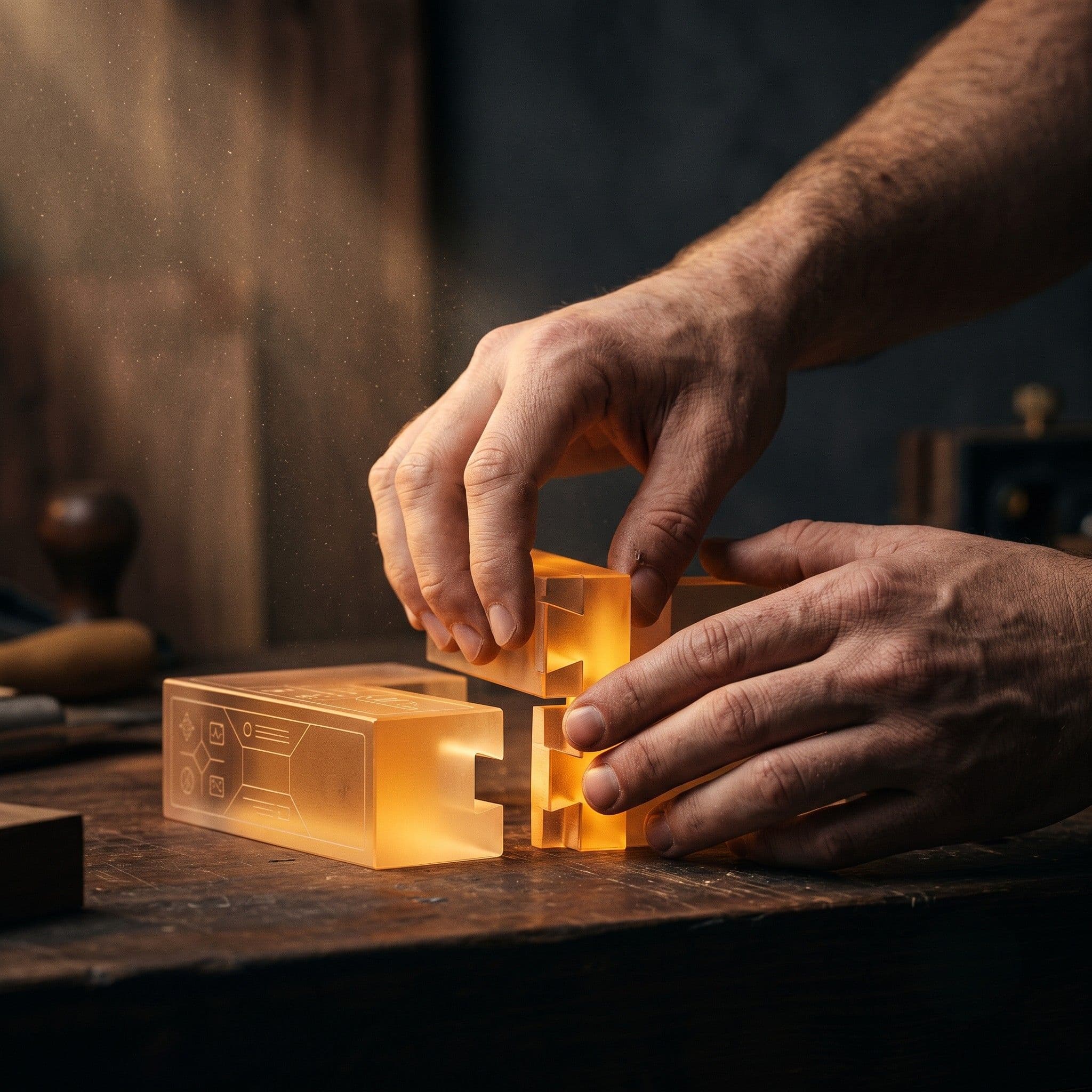 Hands assembling glowing interface blocks like fine wood joinery
