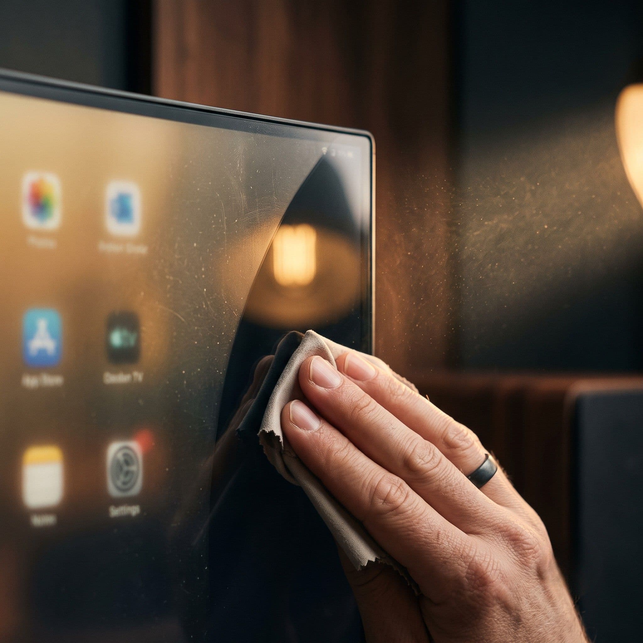 A hand polishing the surface of a softly glowing screen