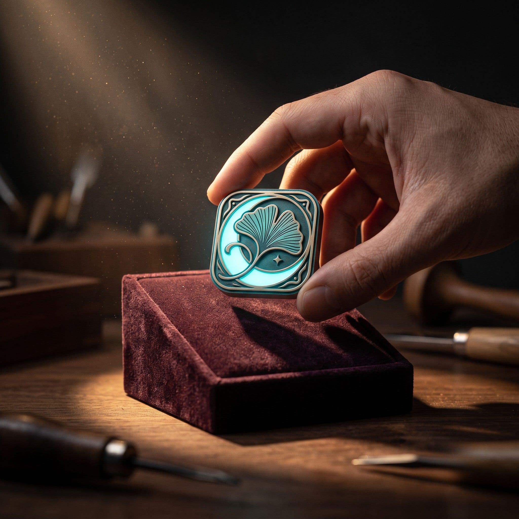 A glowing app icon presented on a velvet stand in a beam of light